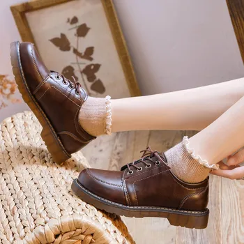  Горещи Женски Oxfords, Дамски обувки, Дамски Однотонная обувки от Изкуствена кожа, Дамски Удобни обувки за Шиене с кръгла пръсти, обувки в стил Лолита
