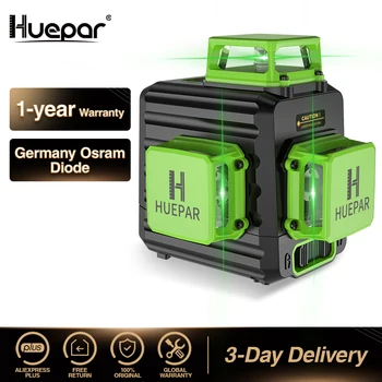  Huepar 3D Кръстосан самонивелирующийся лазерен ниво 12 линии Зелен лъч Литиево-йонна батерия с зарядно пристанище Type-C и твърд калъф за носене