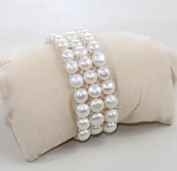  Идеалната перла маншет, Еластични струнен гривна, 6,5 инча трехрядный гривна от перли естествен цвят.