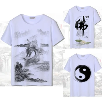  Мъжка тениска в китайски стил с 3D принтом и Къс ръкав, Бяла Риза в стил Харадзюку, Ръчно рисувани, Национален Женски Дракон, Японски Памук Костюм Тан
