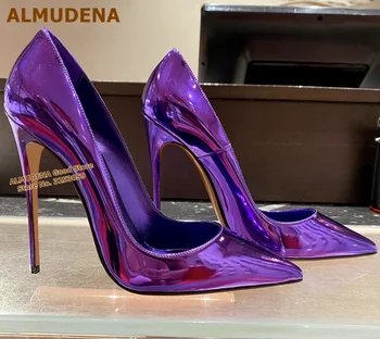  ALMUDENA/ Лилави преливащи се цветове обувки-лодка с голограммой от лачена кожа на висок ток 12 cm и остър пръсти, без закопчалка, размер 45, Сватбени обувки