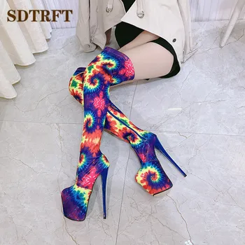  SDTRFT за танци на един стълб 20 см, ботуши над коляното на тънките токчета-висок ток, дамски обувки-лодка на платформа, дамски обувки от еластична тъкан със страничен цип