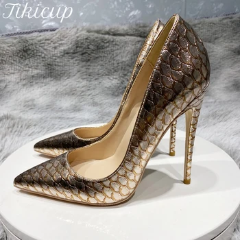  Tikicup/Блестящи златни дамски обувки-лодка на висок ток с ефект на крокодилска кожа, Пикантен Дамски Дизайнерски вечерни обувки на висок ток, по-Големи Размери 33-45