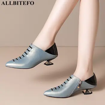  ALLBITEFO/ маркова офис дамски обувки на висок ток от естествена кожа на висок ток, дамски официални обувки на дебелите обувки, дамски обувки на ток, размер: 33-43