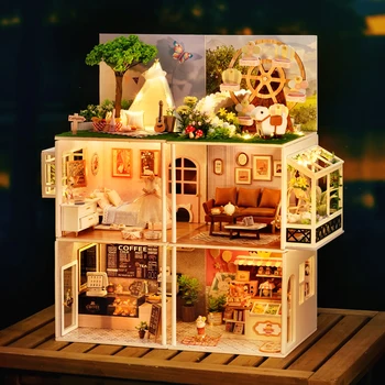  DIY Wooden Куклена Къща Миниатюрни определя С Мебели Спалня За Момичета Кафене Casa Куклена Къща Играчки за Възрастни, Подаръци За Рожден Ден