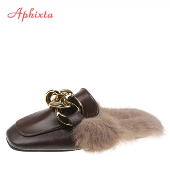  Aphixta/Кафяви-топли Меки Кожени Зимни обувки На Плоска подметка със Златна Верига; Дамски Обувки с Квадратни Пръсти; Модни Домашни Чехли От Кожа
