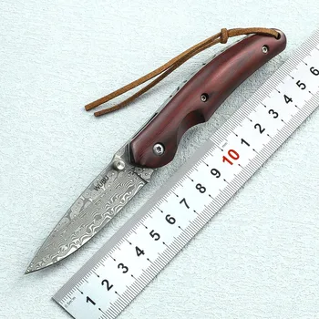  WUBU Дамасский Сгъваем Тактически Нож Флипер Нож За Оцеляване На Открито на Остри Джобни Ножове, Сгъваем Нож с Дръжка от Червено Сандалово Дърво