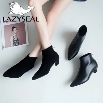  LazySeal/Нови Луксозни Дамски Обувки, Кожени Зимни Ежедневни Обувки, Дамски Ботильоны на висок Ток с остър пръсти, женски Botas Mujer