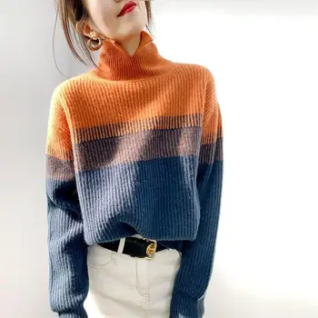 Контрастен пуловер с висока воротом, дамски пуловер 2022 година, есен-зима, нов градиентный пуловер, риза с дъното, без вязаный пуловер Пуловер
