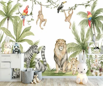  потребителски акварели джунглата развъдник 3d тапети, стенни рисувани Детска стая, 3d тапети на животни стикер арт декорации