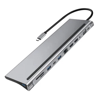  4K 12-портов Адаптер Type-C Хъб USB 3.1 на Двоен HDMI-съвместим Сплитер за Лаптоп