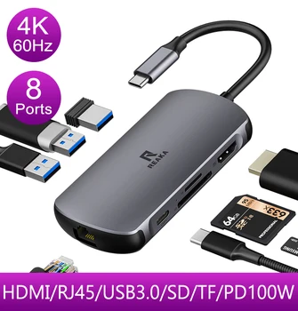  REAKA 4 ДО 60 Hz C USB Хъб Тип C за HDMI, RJ-45 PD 100 W USB 3.0 SD/TF Слот за Карта USB Адаптер C лаптоп, смартфон huawei, xiaomi