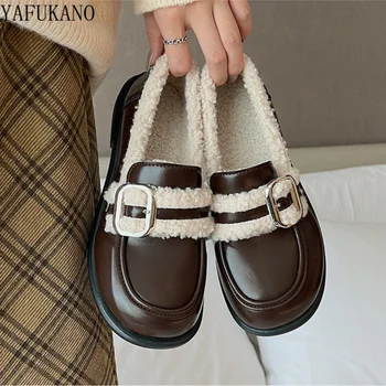  Малки кожени обувки; дамски есен-зима прости ежедневни лоферы в британския стил ретро стил на дебела подметка с нескользящим кожа, Топла Модни обувки