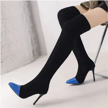  2022 Зимни дамски ботуши Еластични ботуши на висок ток в европейския и американския стил модни вечерни пикантни ботуши над коляното 48 Голям размер