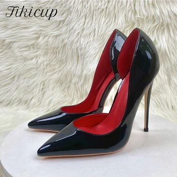  Tikicup/Обикновен Гланц Черни Дамски Обувки на Висок Ток 8 см 10 см на 12 см, с остри пръсти, Удобни Обувки-лодка на висок ток, без закопчалка, Индивидуални
