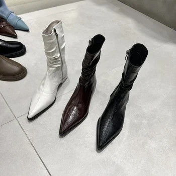  Модни Дамски Обувки до средата на прасците, с остри пръсти, с Цип Отстрани, Черни, Кафяви, Бели Зимни Ботильоны Chelsa, Модел обувки на плоска подметка, женски 39